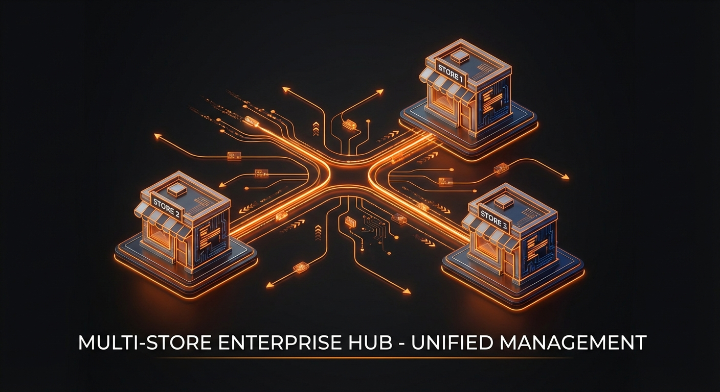 Multi-store management dashboard showing multiple storefronts with unified analytics
